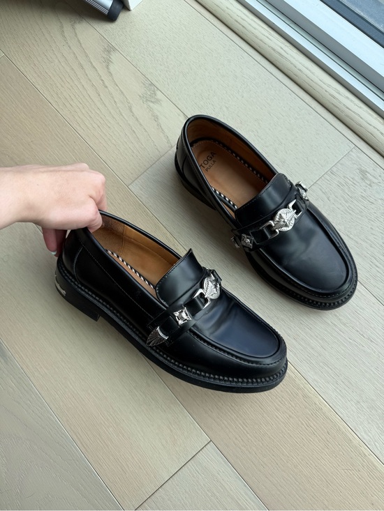 TOGA Pulla Shoes - TOGA Pulla Black Leather Loafers with Silver Chain Detail